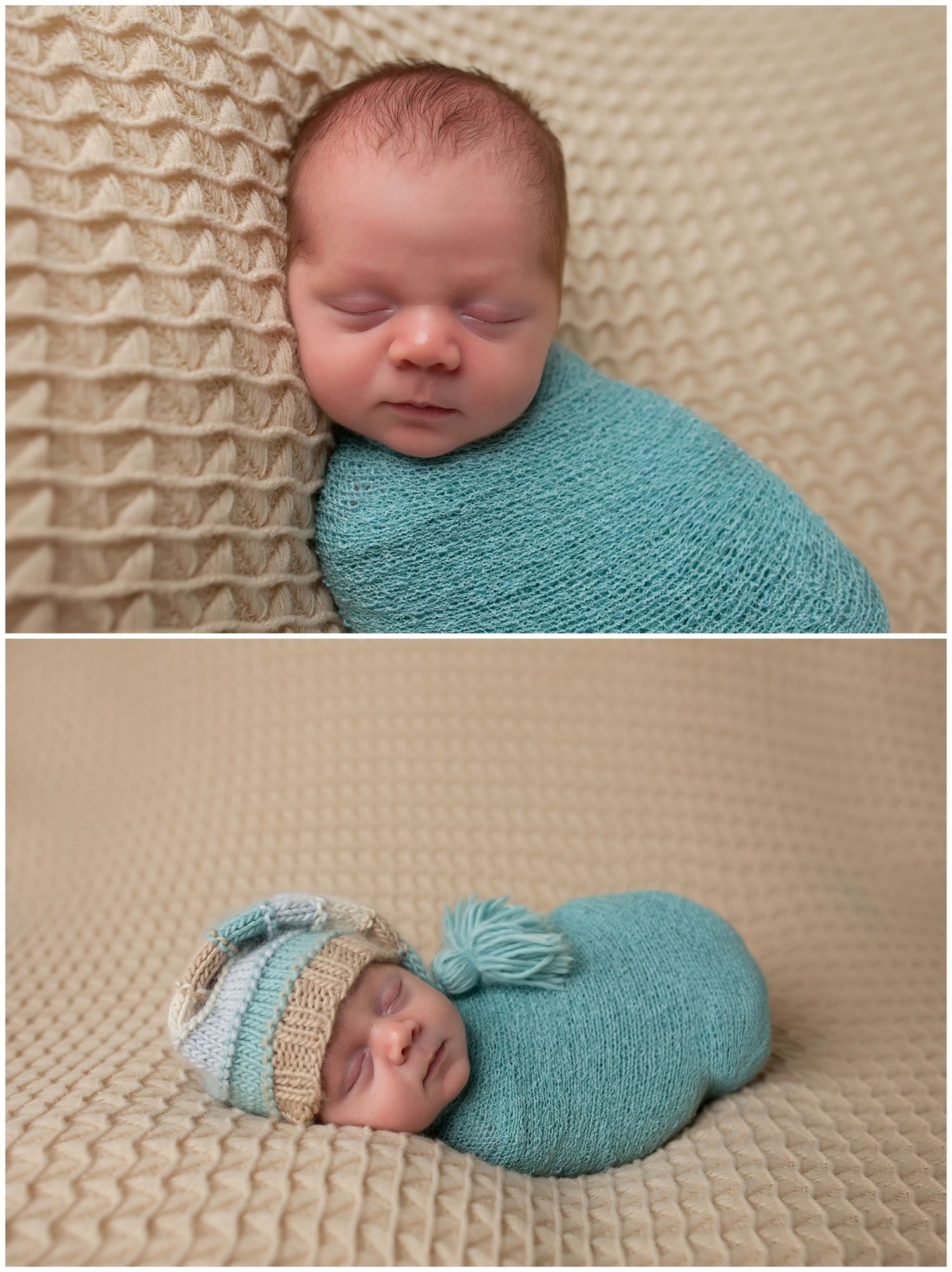 Sleeping newborn wrapped in soft turquoise swaddle blanket on textured beige backdrop in various peaceful poses.