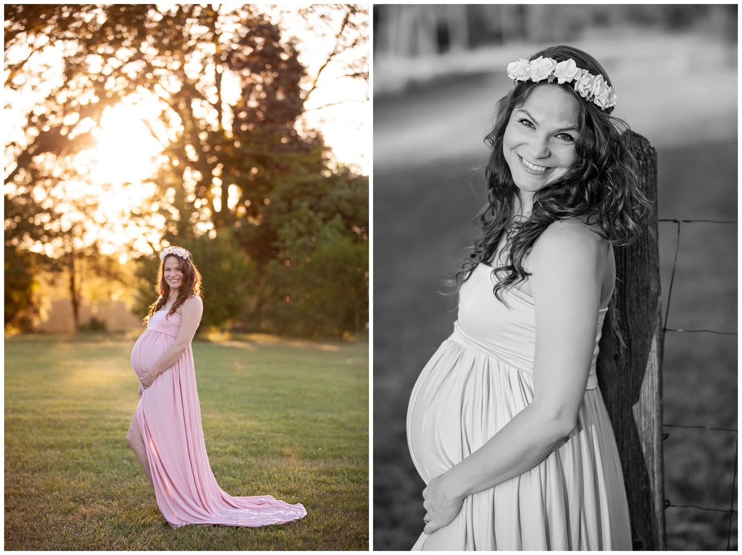 A series of maternity photos showing a person in a flowing dress during a sunset photoshoot in a field.