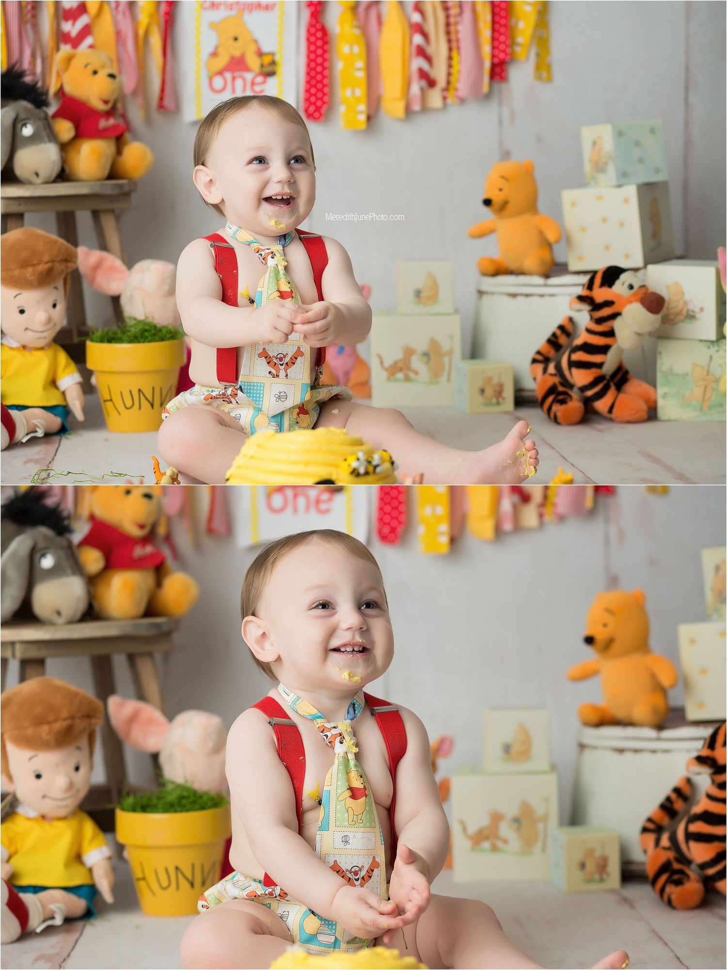 A child sits in a decorated room with Winnie the Pooh themed stuffed animals and colorful banners for a birthday celebration.