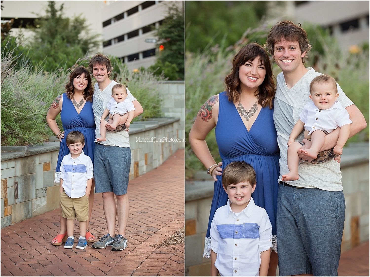 Family members pose together on brick walkway near garden during outdoor photo session.