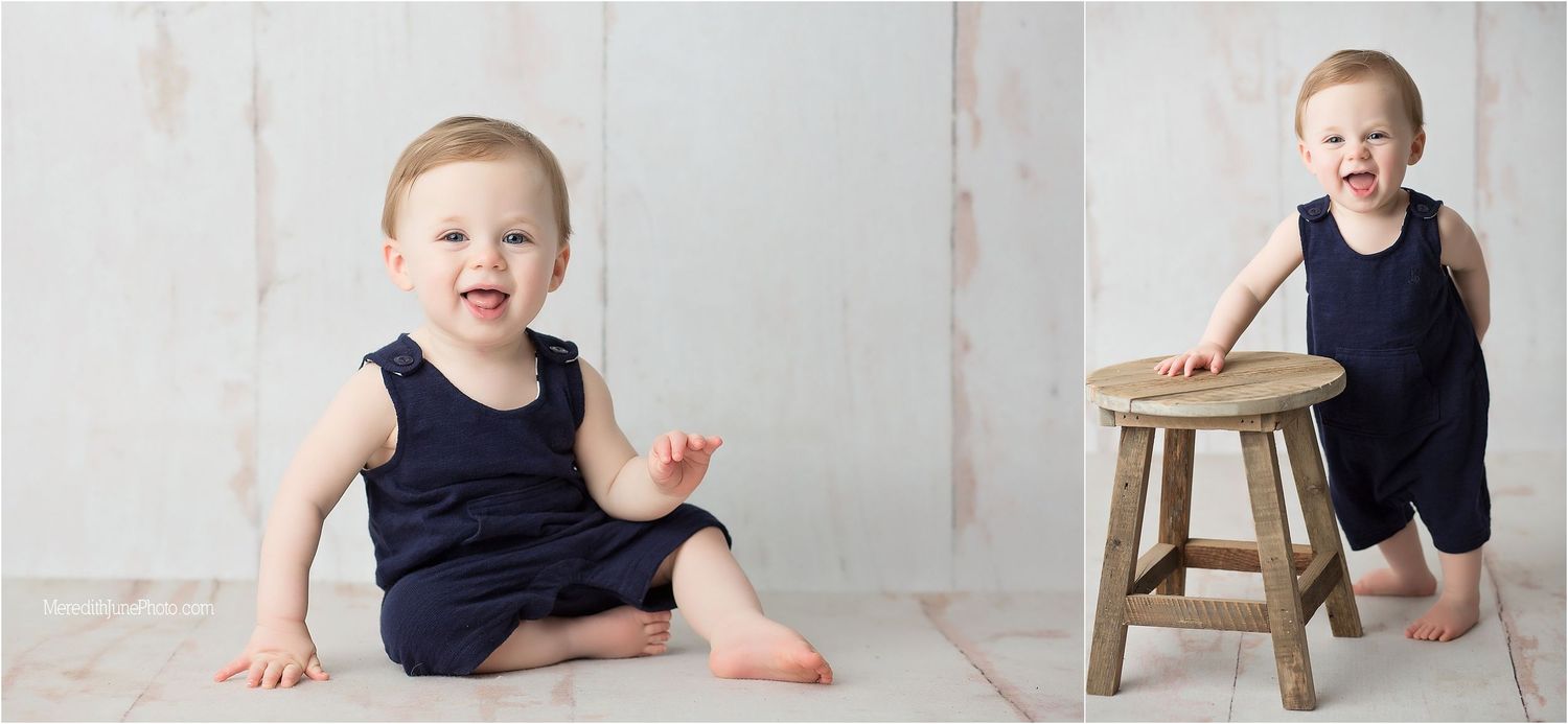 A series of milestone photos showing a baby's growth progression in a navy outfit against a light gray backdrop.