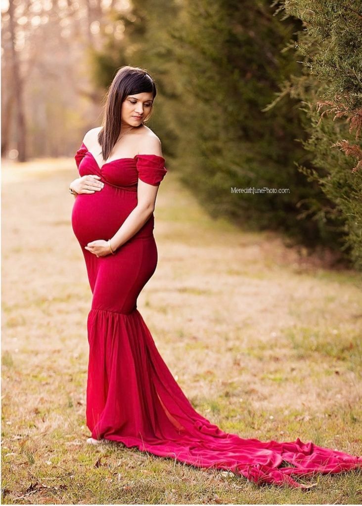 A flowing red formal dress photographed in multiple angles against a natural outdoor backdrop.