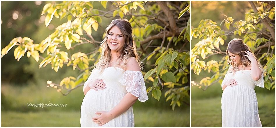 A glowing maternity photo session in a sunlit garden with soft white fabric and golden autumn leaves.
