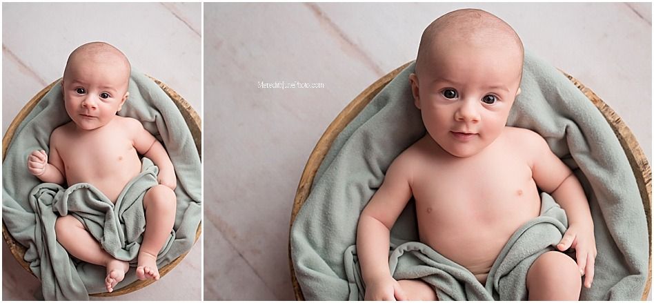 Collection of artistic newborn portraits showing baby posed on light gray backdrop in various angles.
