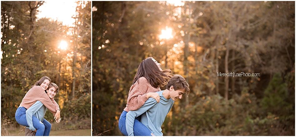 Romantic sunset engagement photos captured in a golden-lit wooded area during autumn.
