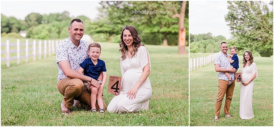 A collection of outdoor family photo session images showing playful moments in a grassy field with white fence backdrop.