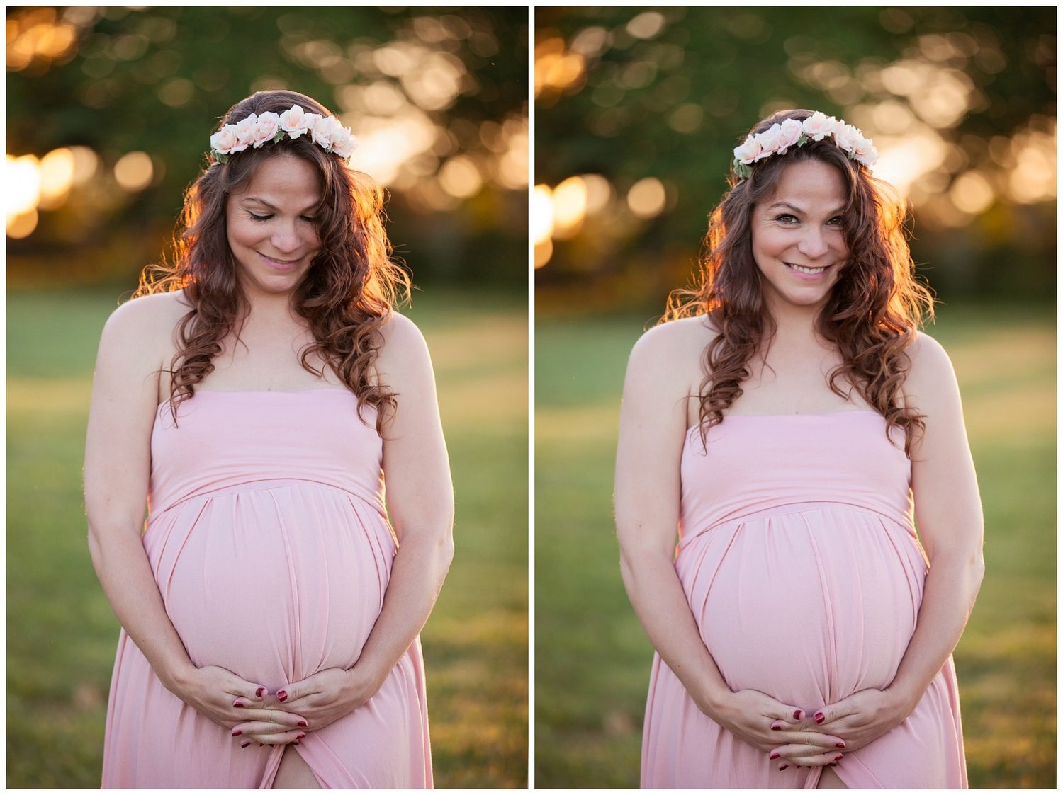 A person in a soft pink maternity dress poses outdoors during golden hour in a series of connected photos.