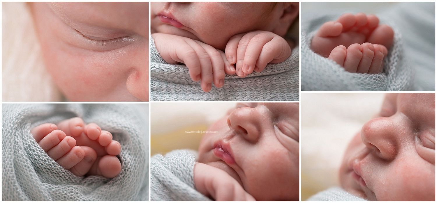 Tiny newborn baby fingers and toes shown in a collage of close-up photographs.