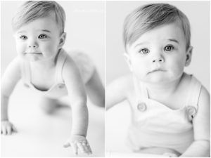 Black and white portrait series of a baby with various expressions.