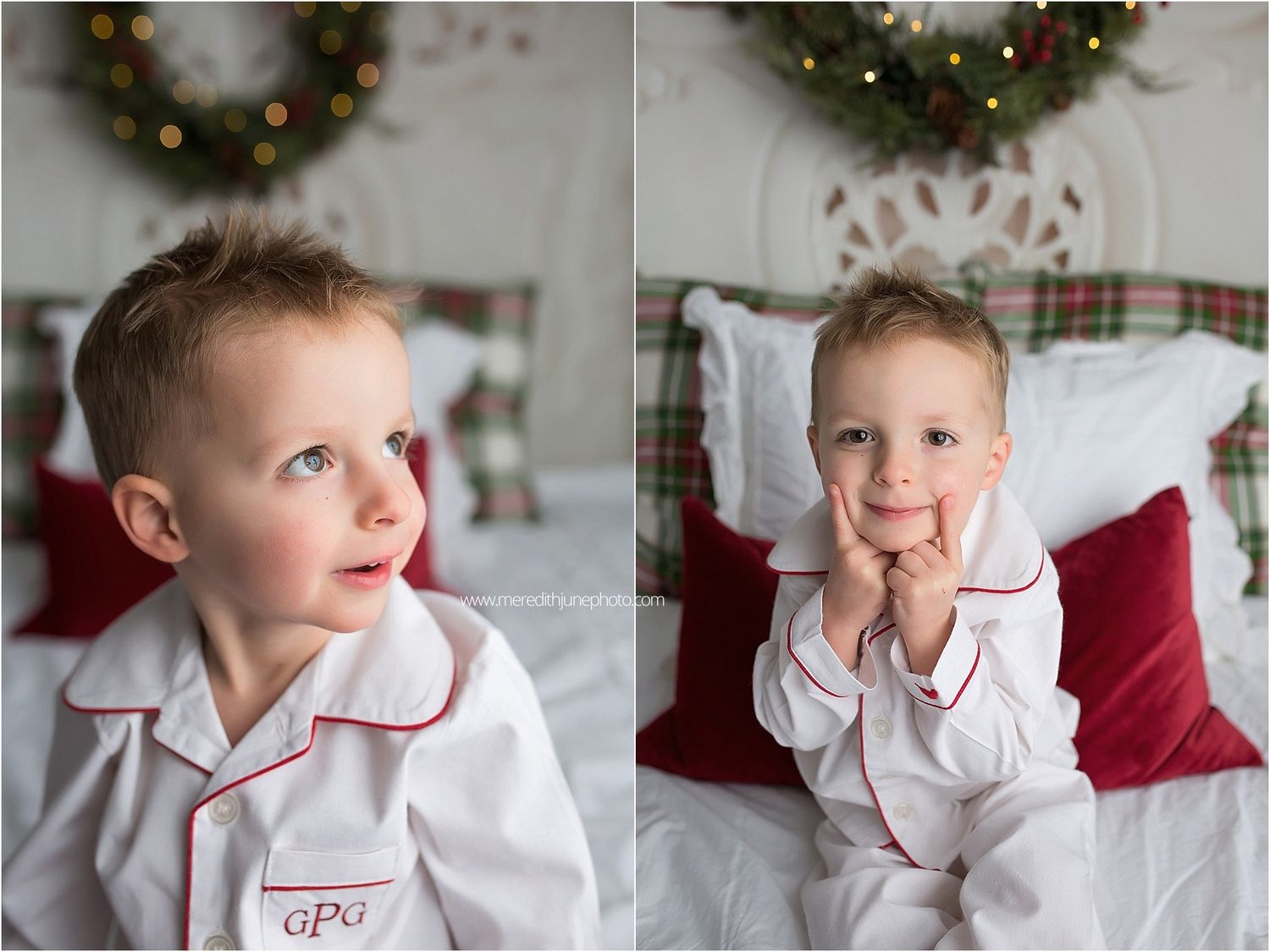 A series of holiday photos showing a child in white pajamas against a festive Christmas backdrop with wreaths and decorations.