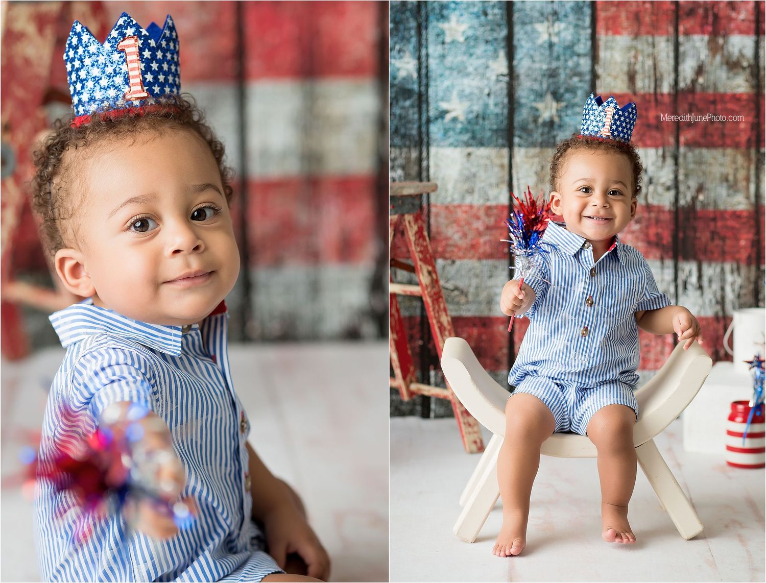 Patriotic photo collage with American flag backdrop and blue and white striped outfits.