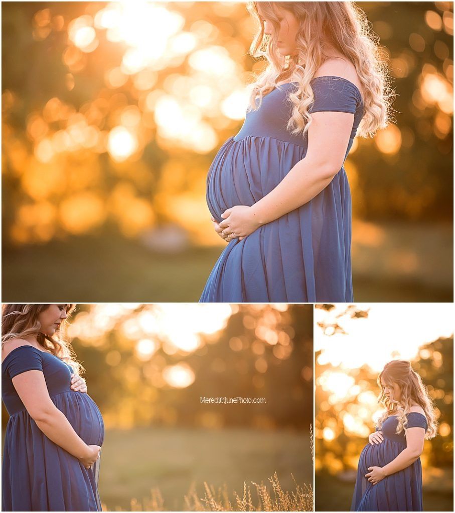 Maternity photo collage featuring a pregnant woman in navy blue dress during golden sunset in outdoor setting.