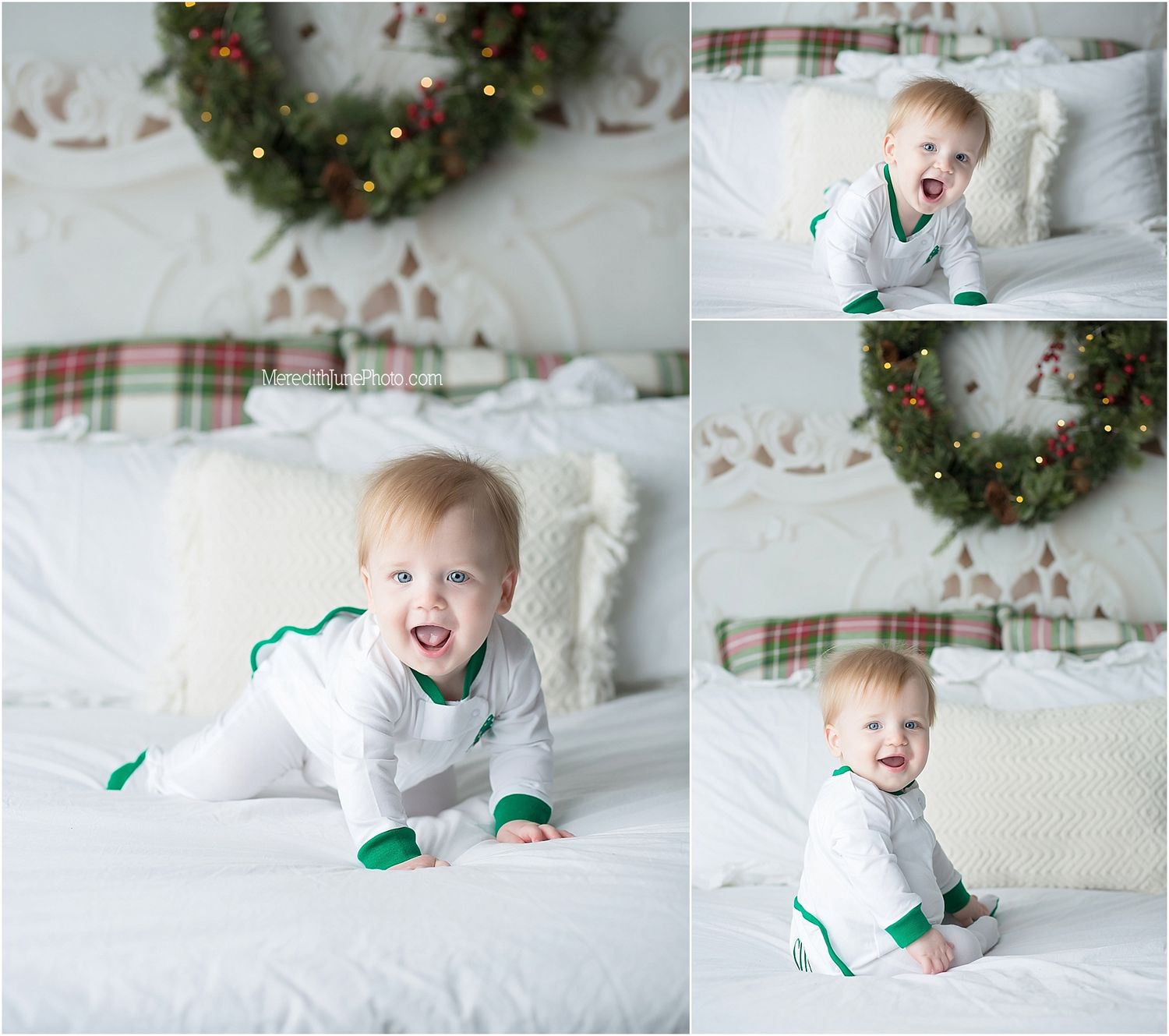 A child wearing a green and white striped holiday pajama set plays on a white bed with Christmas decor in the background.