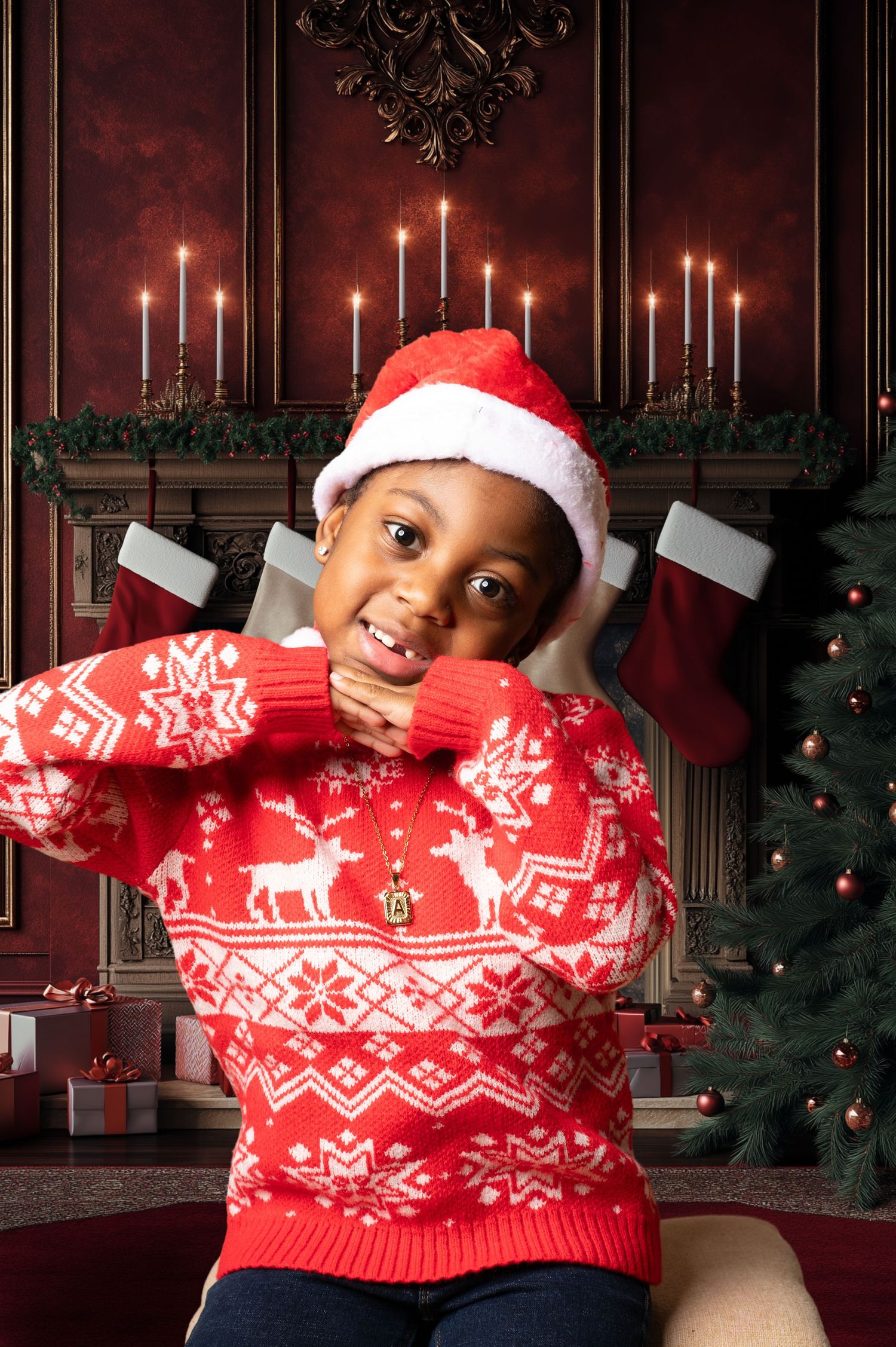 A festive holiday portrait with candlelit decor and Christmas sweater.