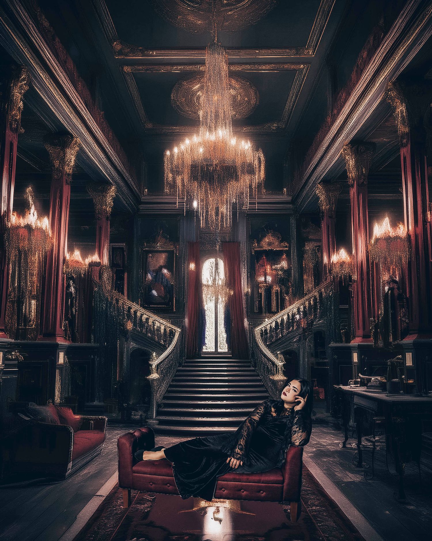 Elegant vintage ballroom interior with crystal chandeliers and grand staircase in moody red lighting.