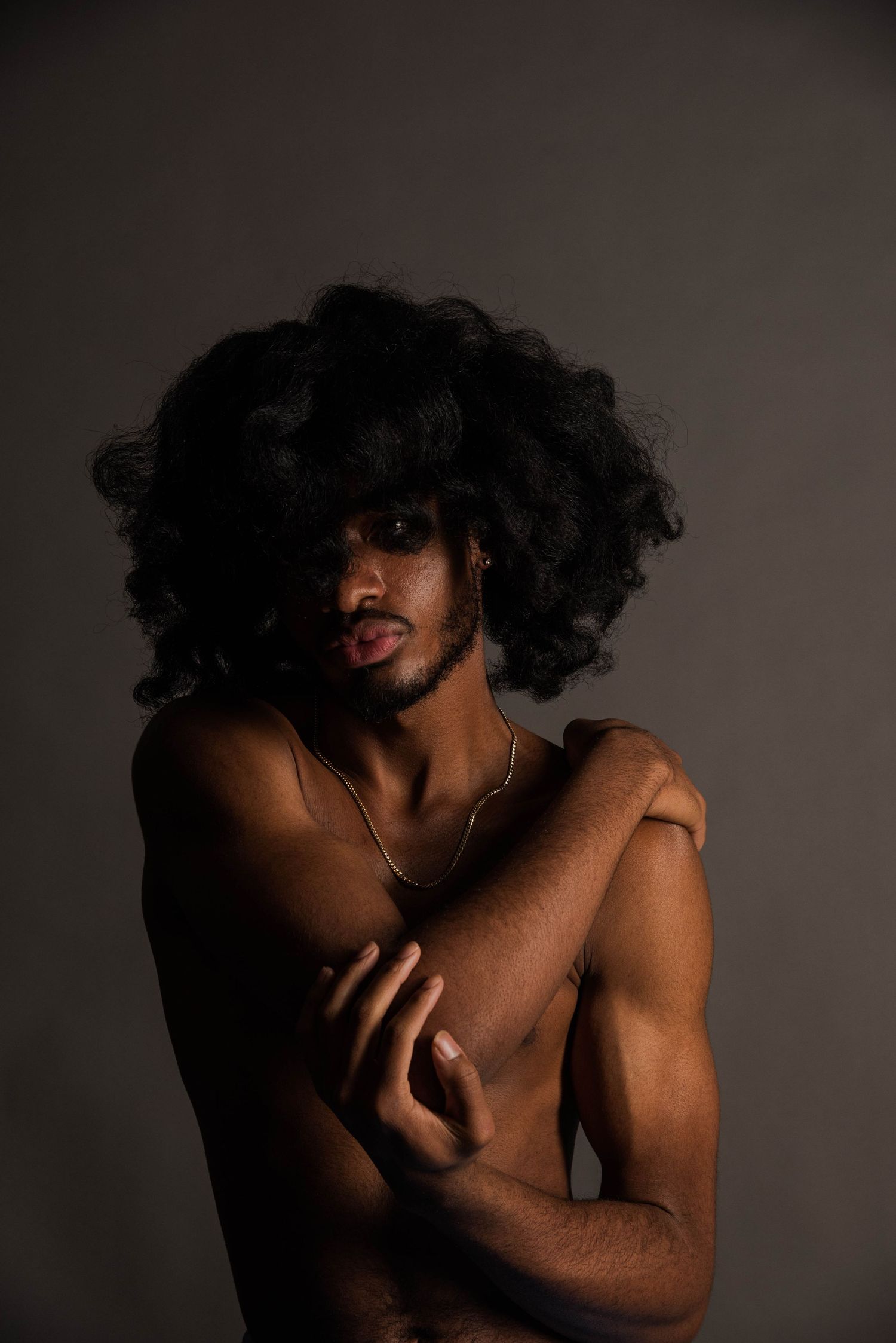 Artistic portrait of person with voluminous natural hair against dark background wearing necklace.