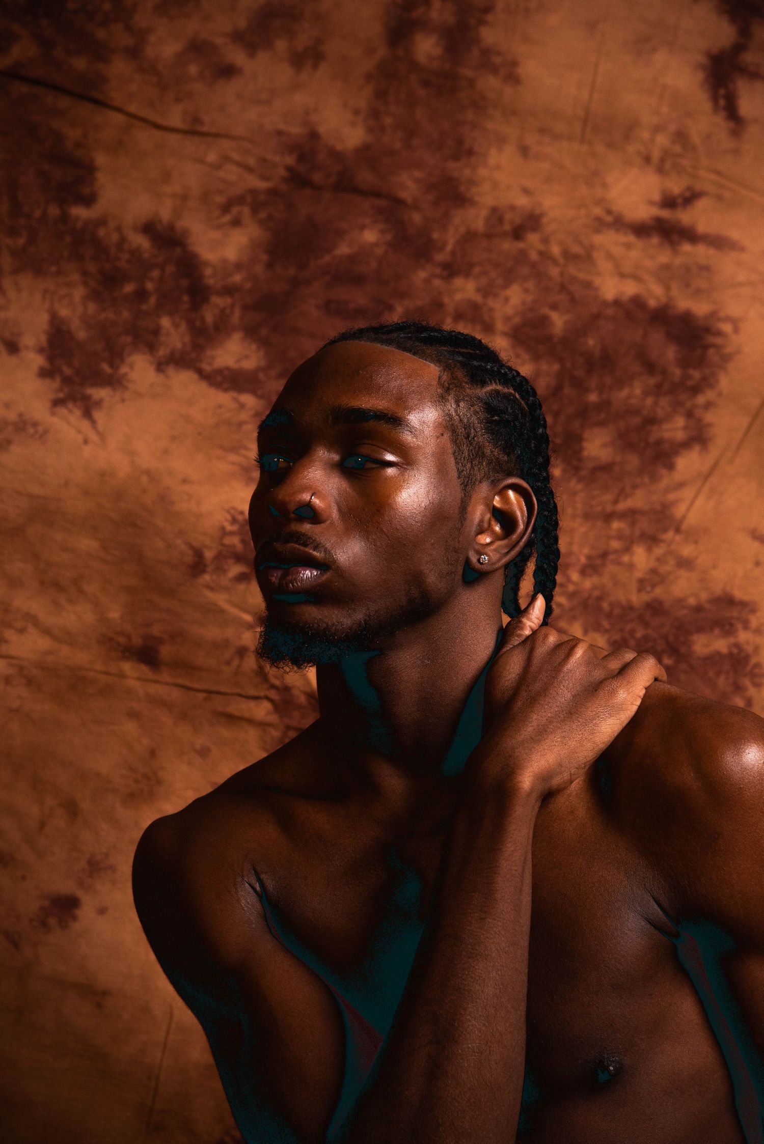 Artistic portrait against brown backdrop showcasing dramatic lighting and braided hairstyle.