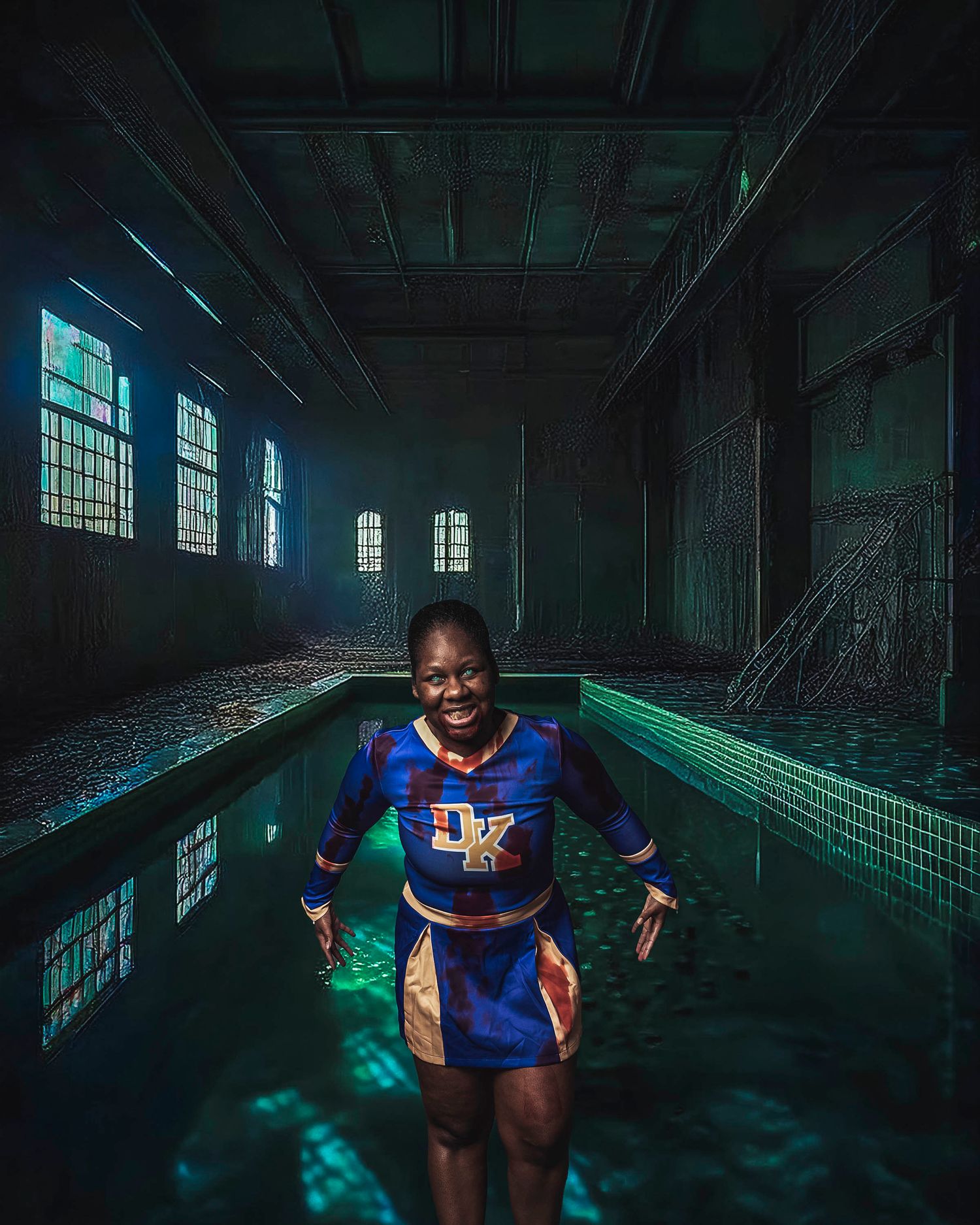 Dramatic sequence of a person in colorful athletic wear posing in an abandoned industrial space with moody lighting.