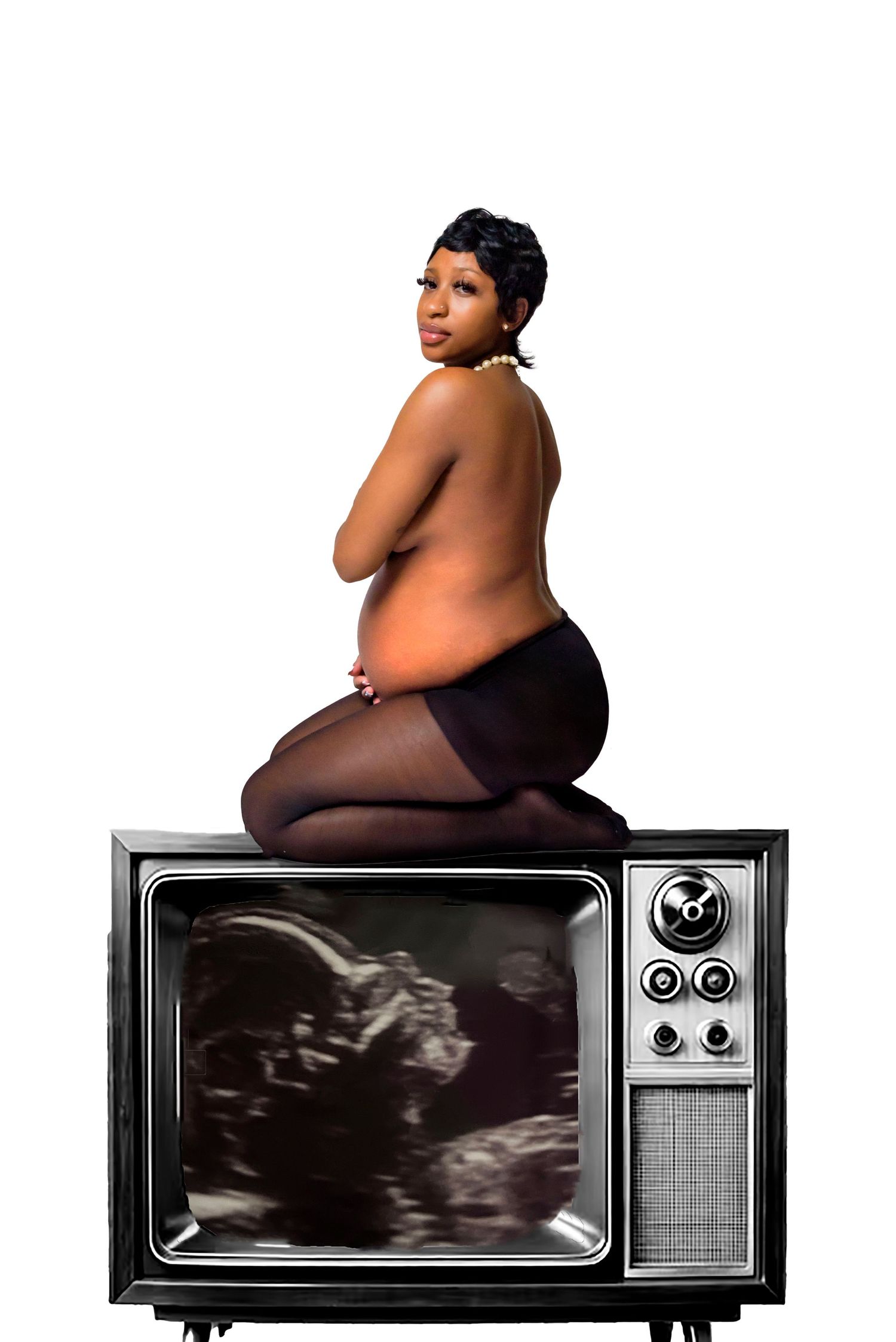 Artistic photo series showing a figure sitting on vintage television sets displaying ultrasound images.