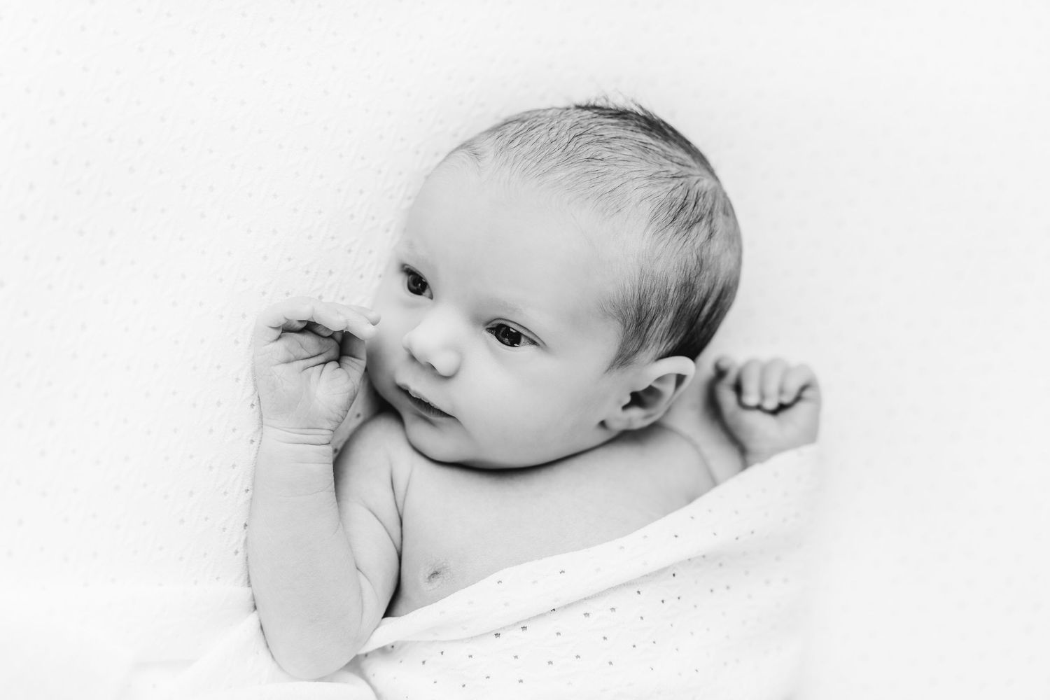 een zwartwit foto van een newborn baby tijdens een fotosessie in studio in zandhoven