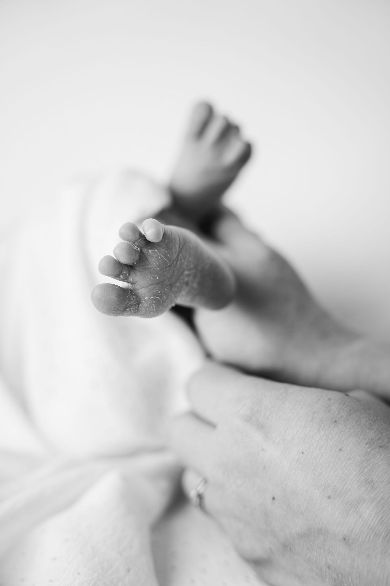 Zwart-wit close-upfoto van een klein babyvoetje dat voorzichtig wordt vastgehouden door een volwassen hand tijdens newborn reportage