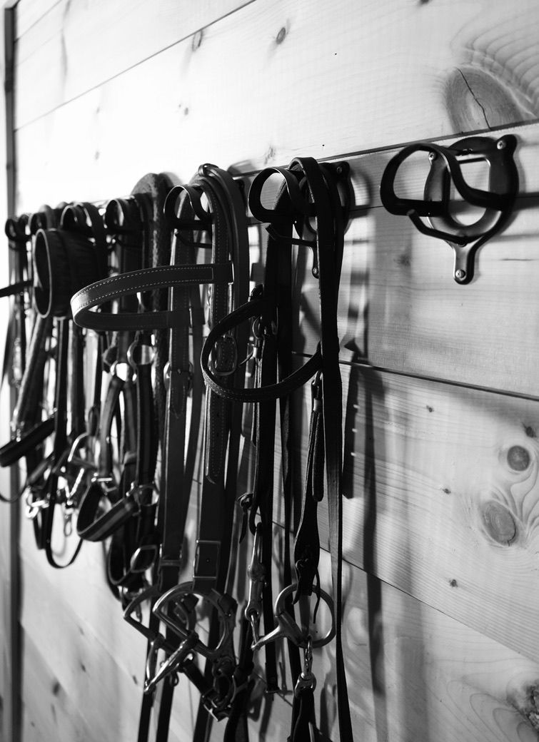 Black and white image of horse tack room