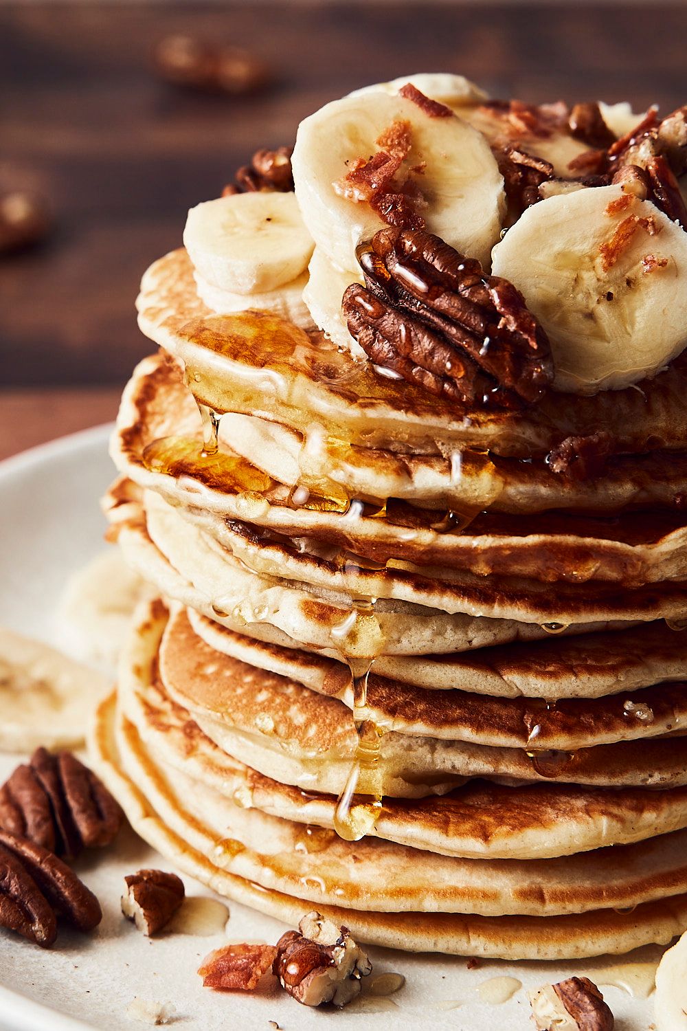 Banana pecan maple syrup pancake stack