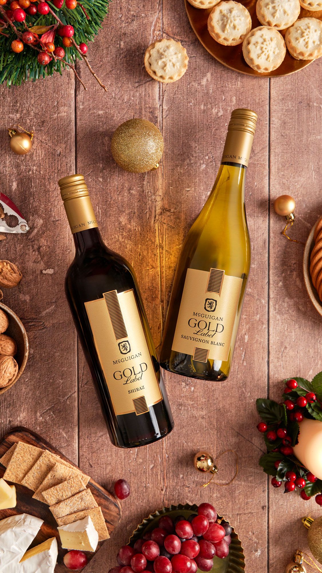 Red and white wine festive product shot for McGuigan Wines