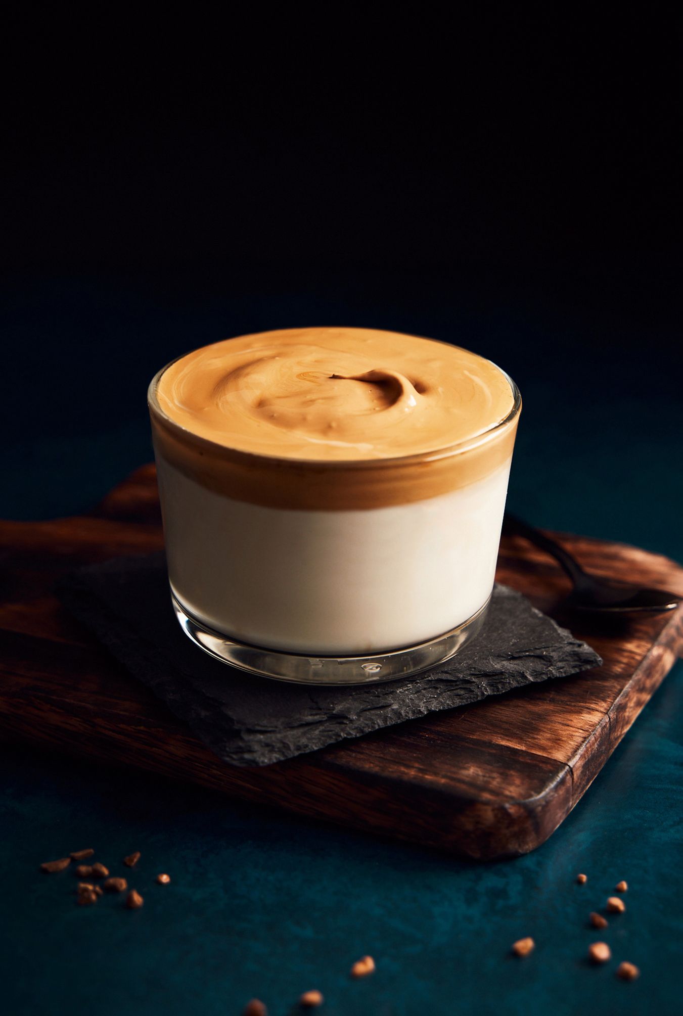 Coffee dalgona on wooden board