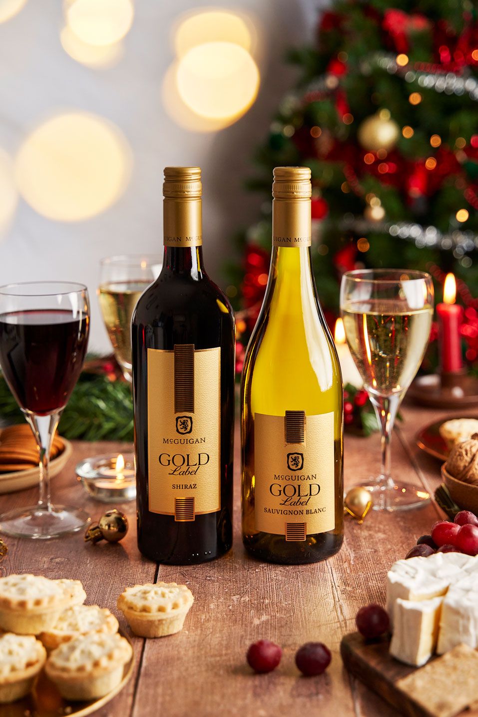 Red and white wine product photography festive shot for McGuigan Wines