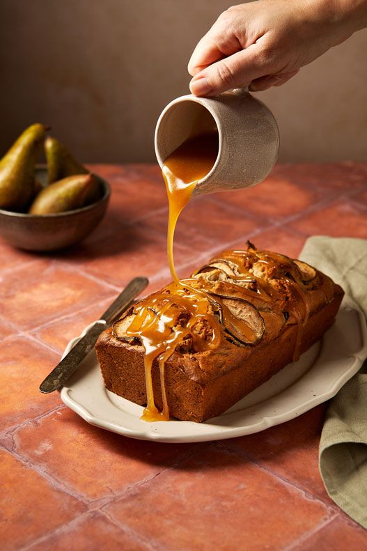 Caramel pear drizzle cake loaf