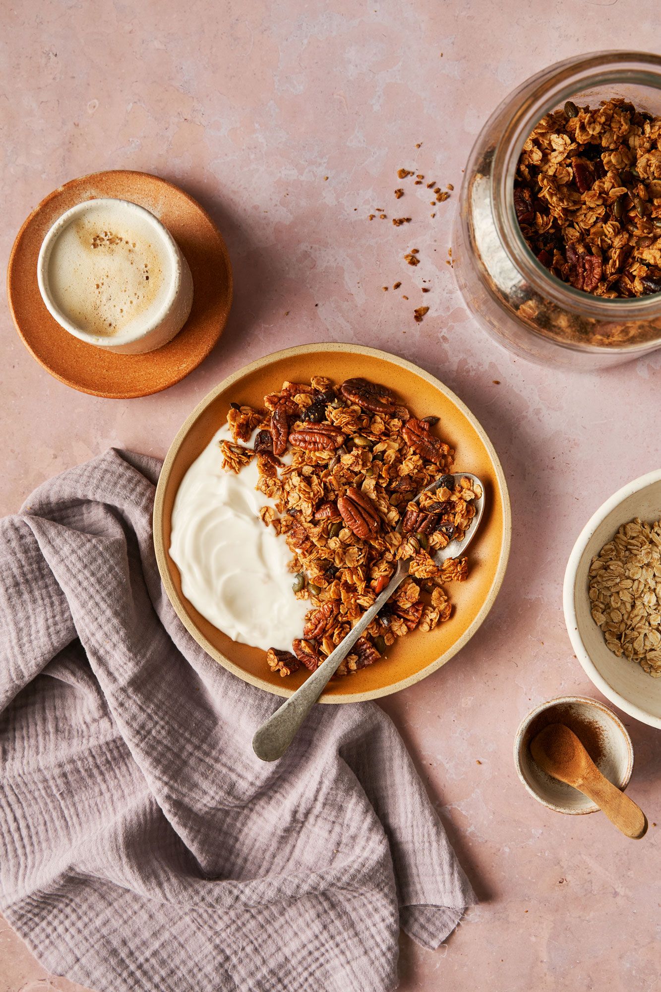 Autumn granola flatlay with yogurt