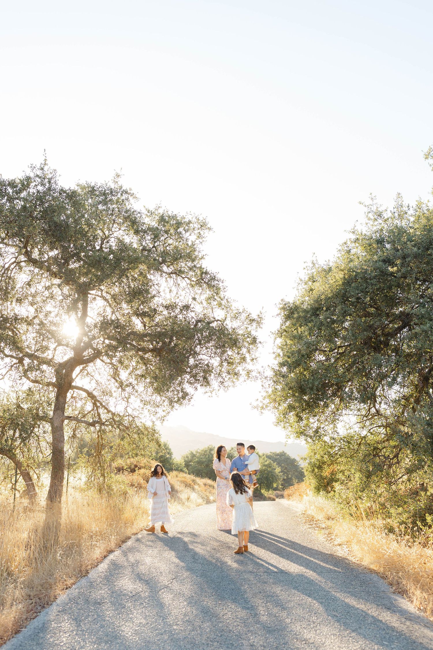 Couple walking together on a scenic hilltop path during golden hour with trees in the background.