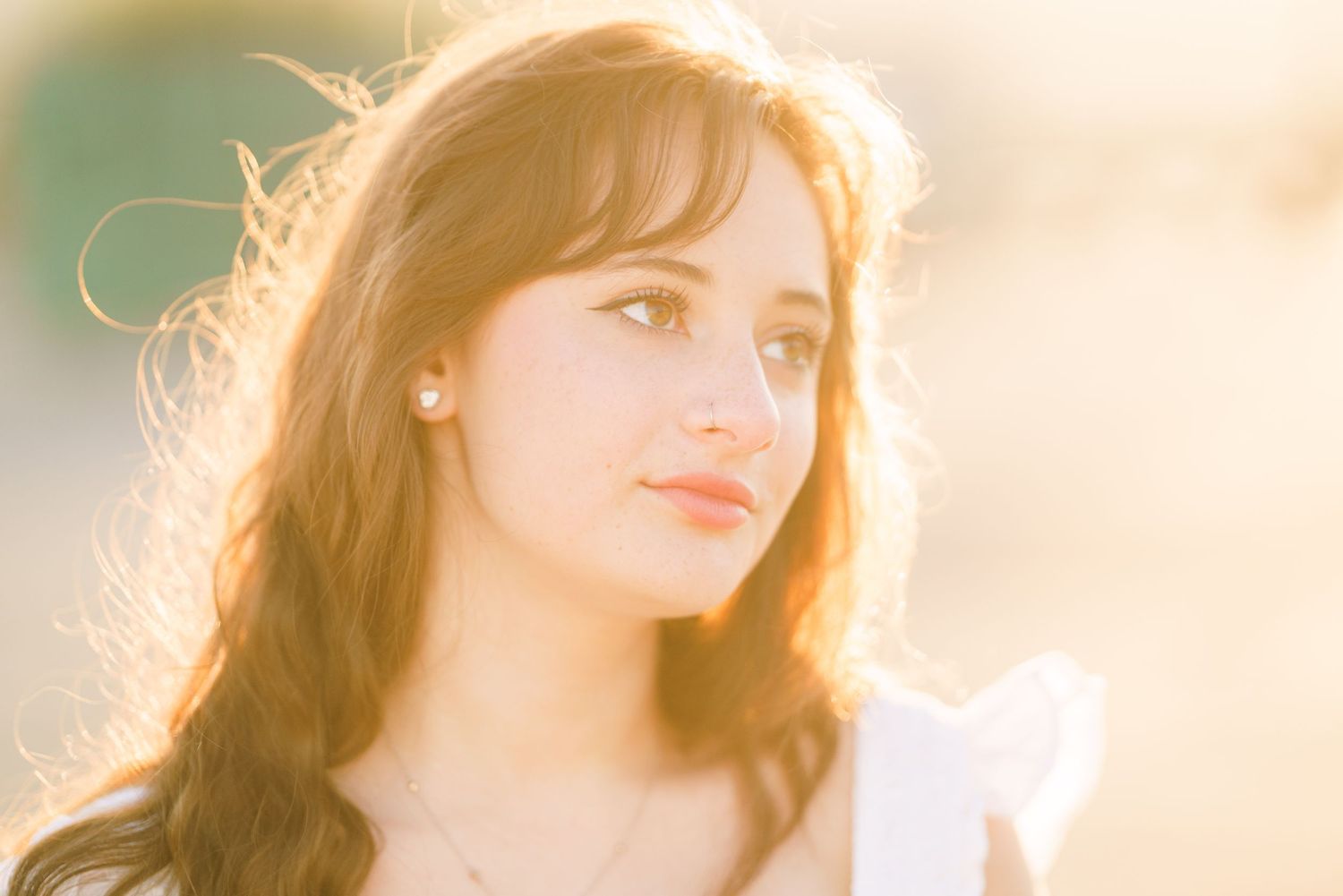 A backlit portrait series in golden sunlight shows someone with flowing hair in dreamy, ethereal poses.