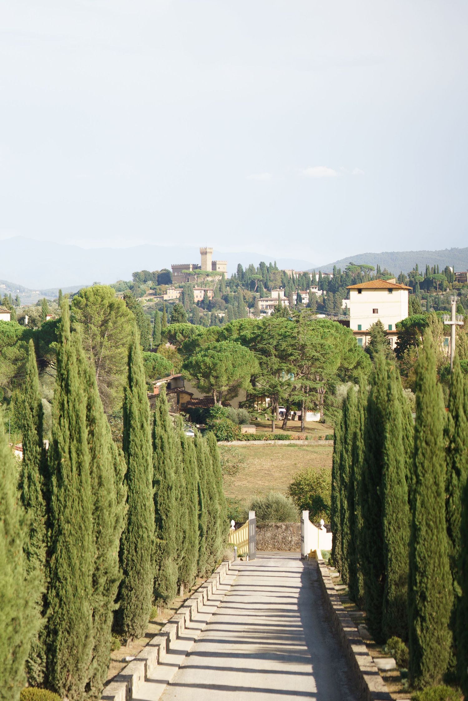 Row of tall cypress trees line a pathway leading to a Tuscan villa.