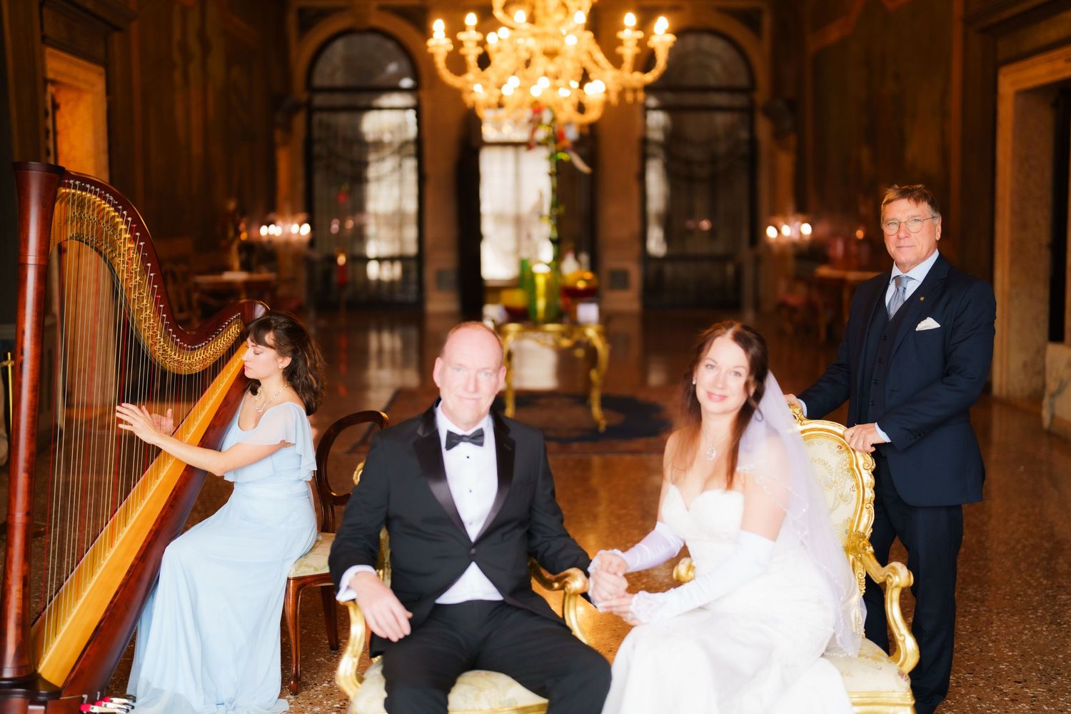 A collage of elegant wedding reception moments with a harp player and chandelier in a luxurious ballroom setting.