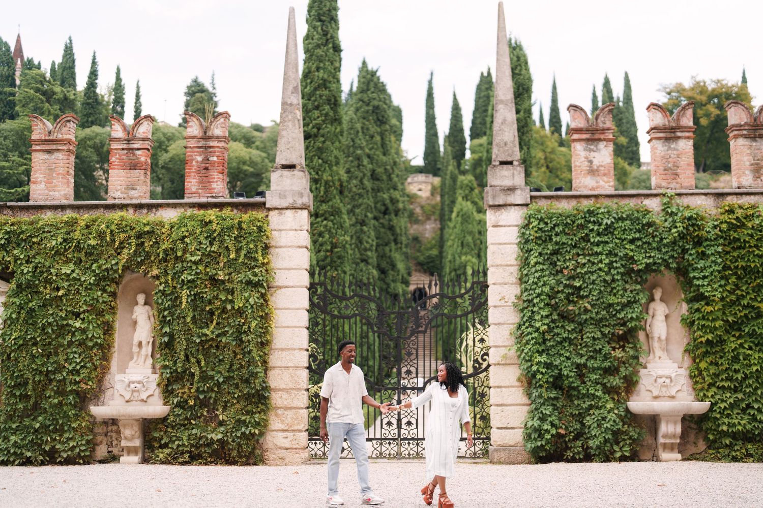 Happy engaged couple at Giardino Giusti Verona photographed by wedding photographer Italy Verona