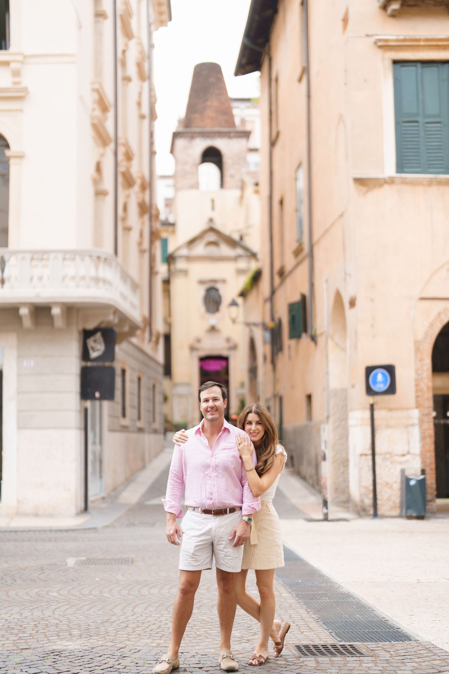 Romantic couple portrait in historic streets of Verona Italy by Verona family photographer