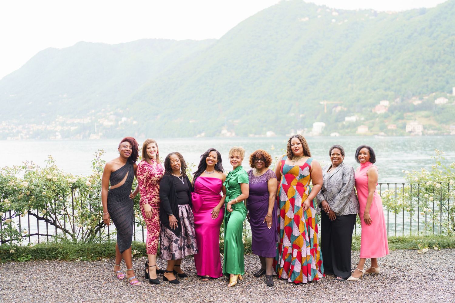 Elegant women group portrait overlooking Lake Como celebration