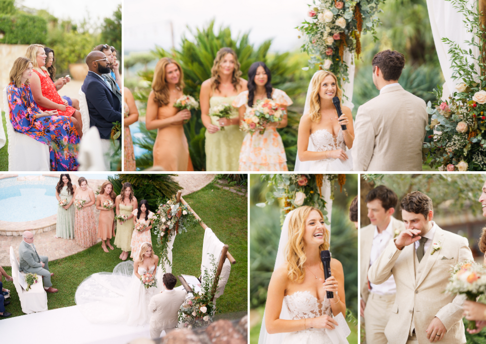 A romantic wedding celebration collage showing outdoor garden ceremony moments and reception details in soft pastel colors.