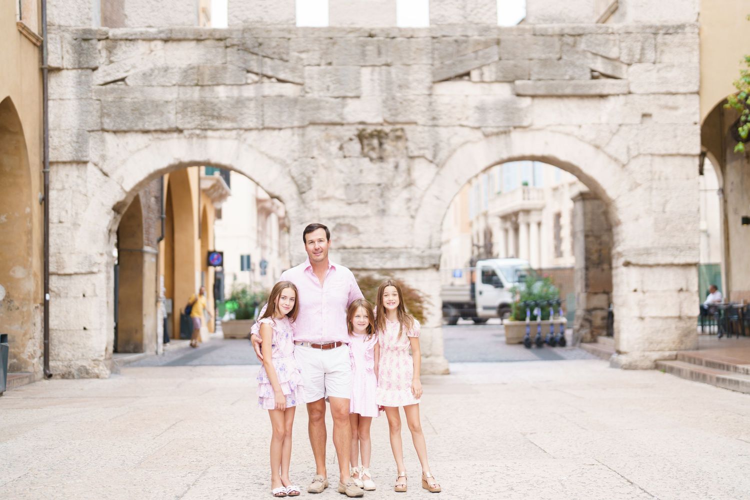 Romantic couple portrait in historic streets of Verona Italy by Verona family photographer