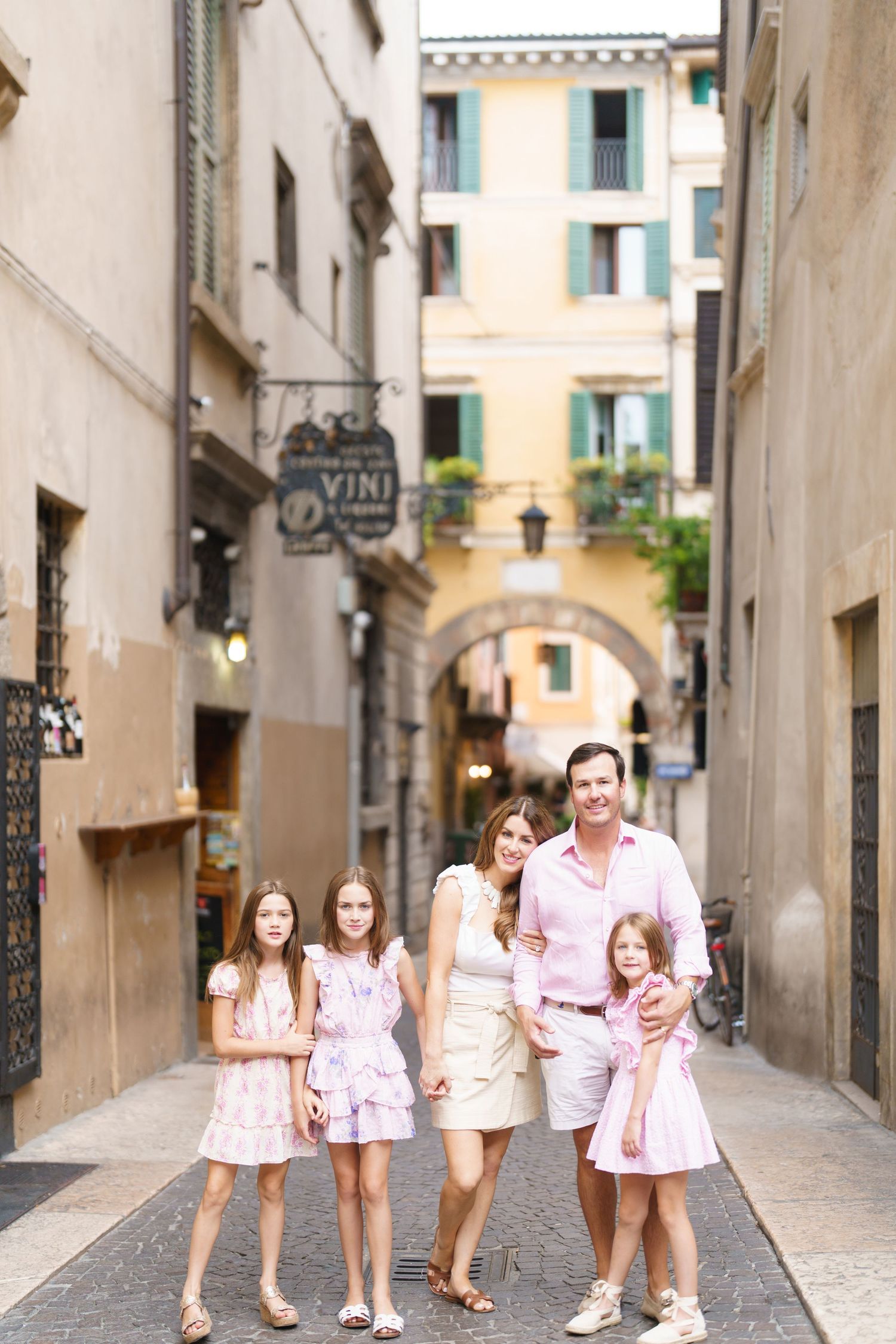 Romantic couple portrait in historic streets of Verona Italy by Verona family photographer