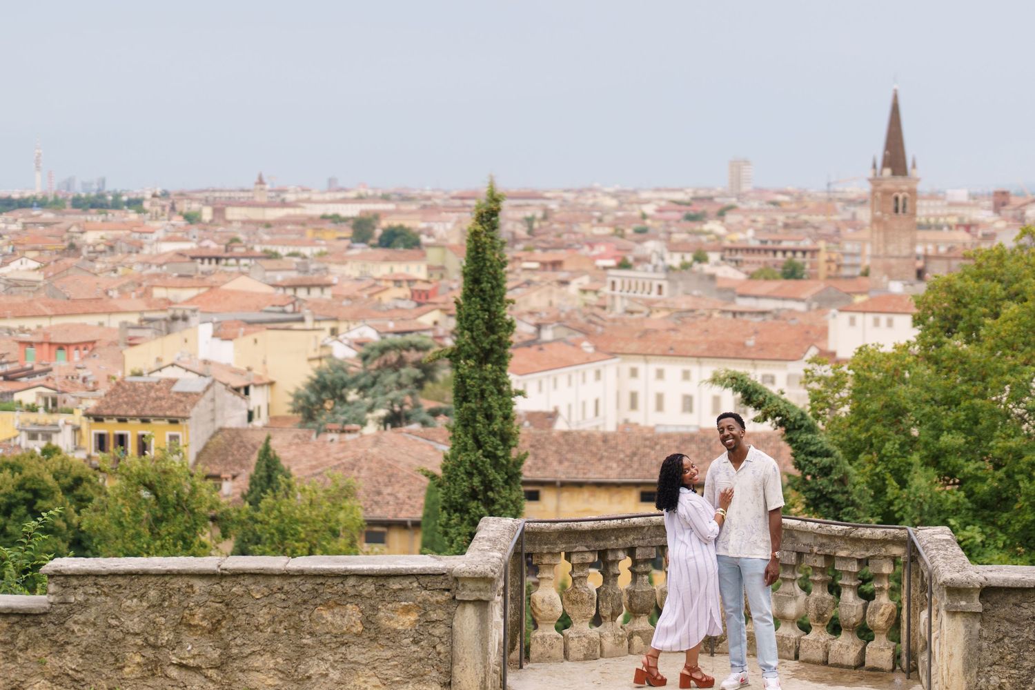 Proposal engagement photographer Verona capturing emotional couple portraits in historic Italian gardens