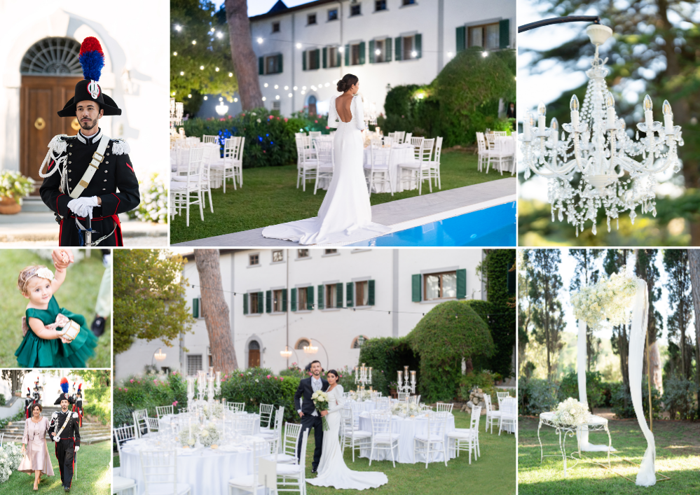Elegant outdoor wedding reception at an Italian villa with white chairs, chandeliers, floral arrangements, and a bride in a backless gown.