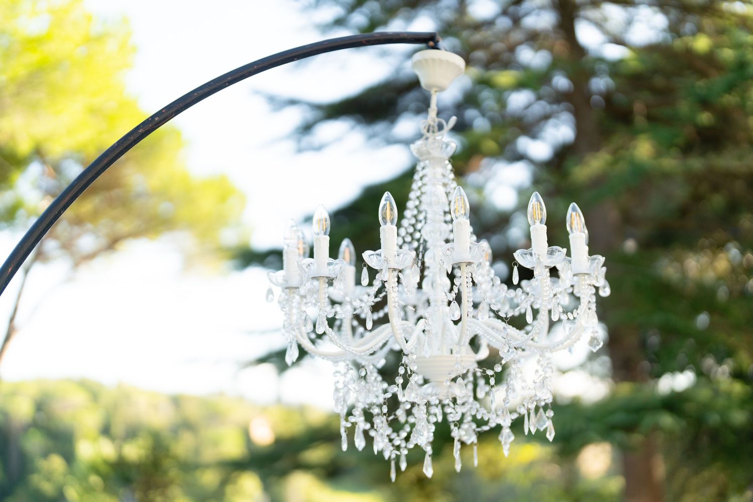 Crystal chandelier hanging from curved black stand against blurred outdoor background.