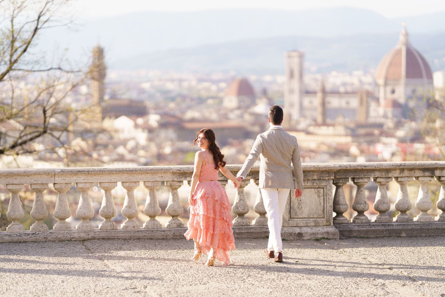 A series of romantic sunset photos overlooking Florence Italy with the Duomo cathedral visible in the background.