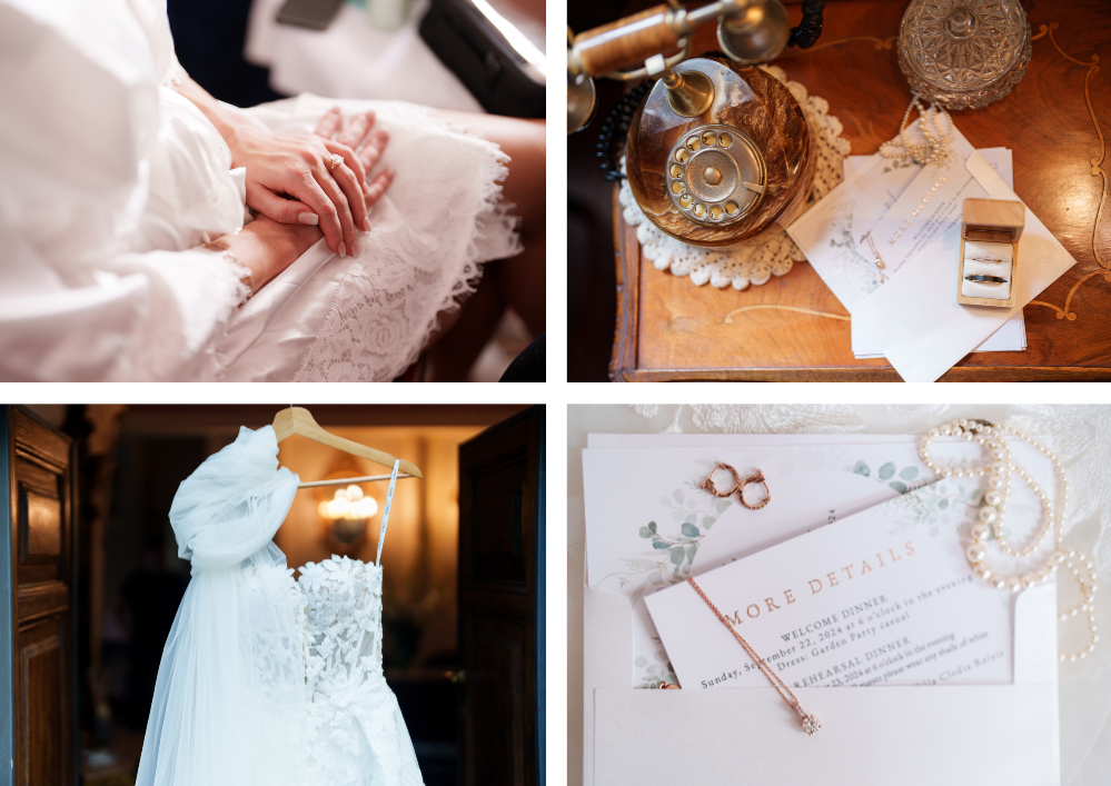 A collection of wedding detail shots showing rings, invitations, dress details, and hands arranged in a photo collage.