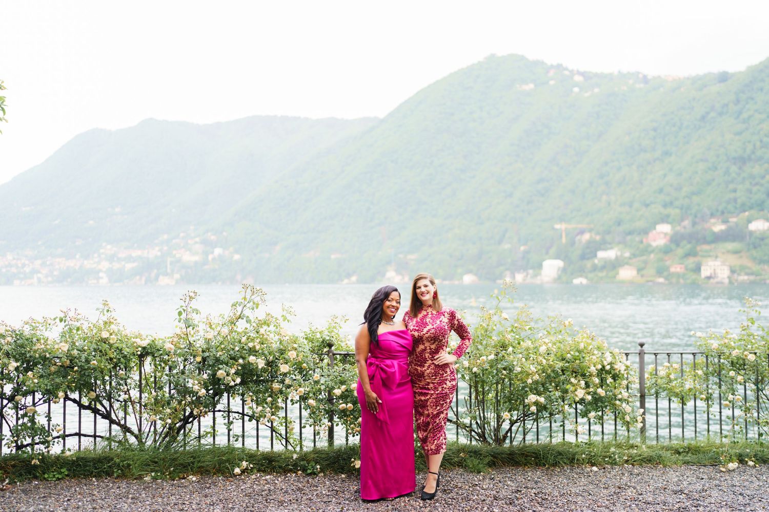 Elegant women group portrait overlooking Lake Como celebration