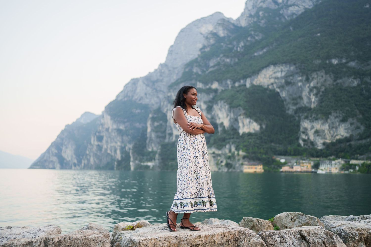 Emotional reaction during a surprise proposal beside Lake Garda in Riva del Garda