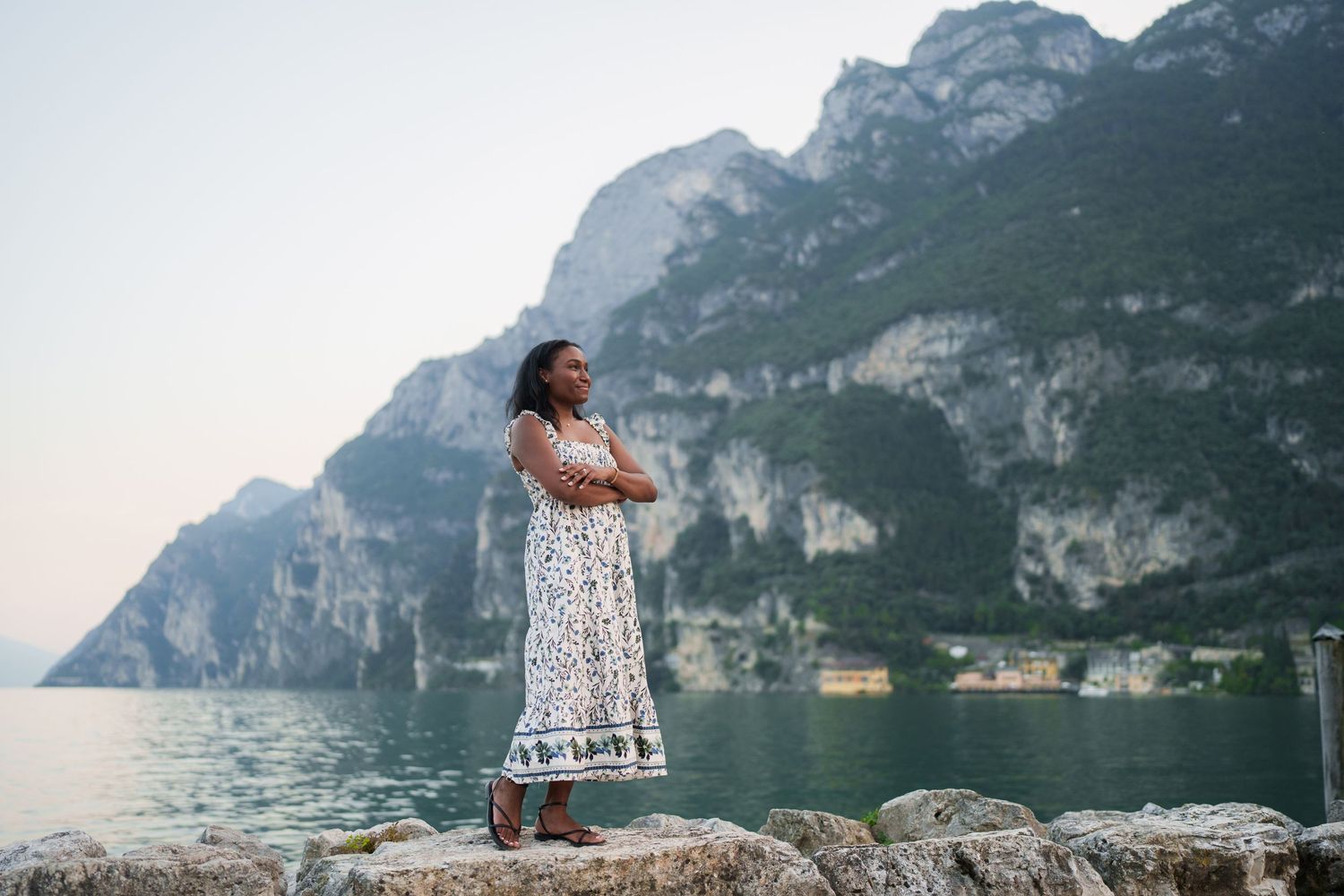 Emotional reaction during a surprise proposal beside Lake Garda in Riva del Garda